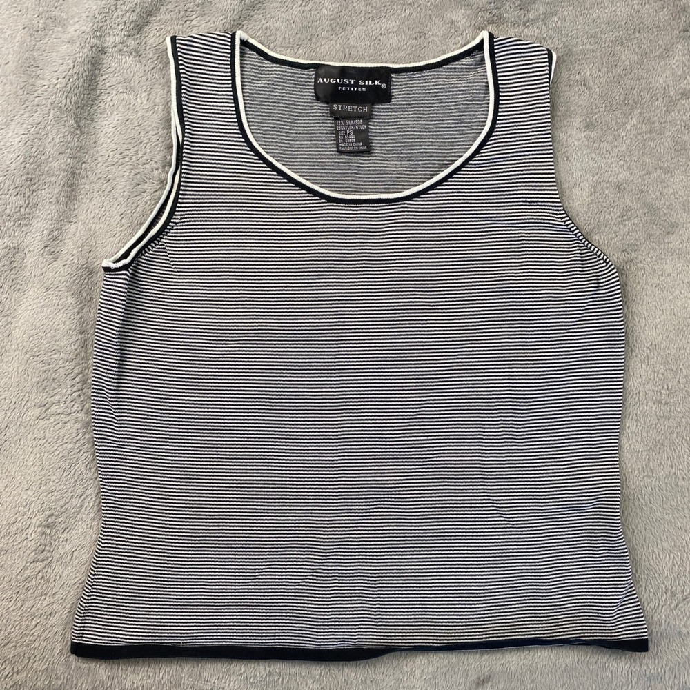 August Silk Tank Top Womens PS Black White Striped Silk Blend Nautica Summer